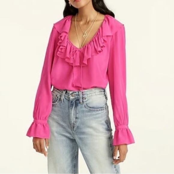 J. Crew Silk Ruffleneck Top Hot Pink Ruffle Tie V Neck Long Sleeve Barbiecore XS - Picture 1 of 8